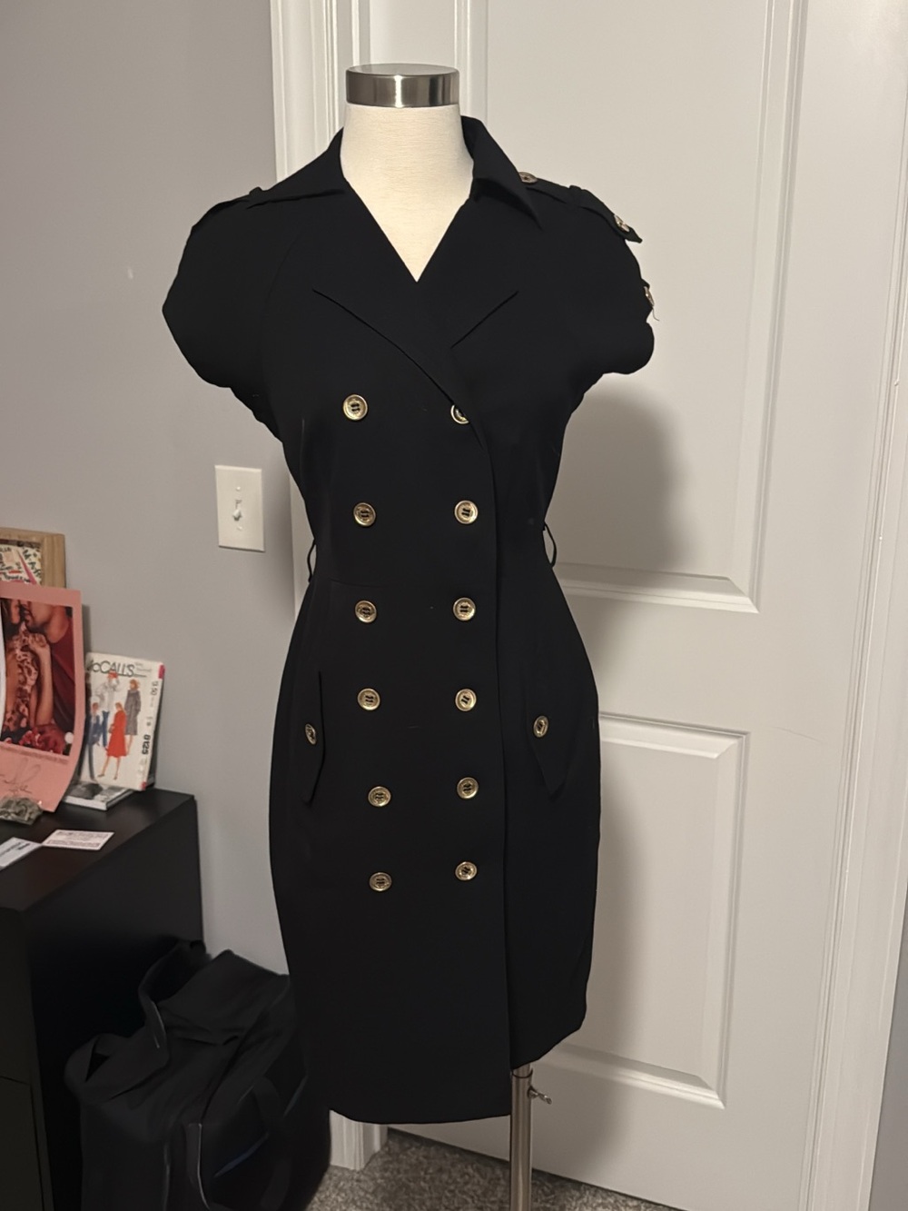 Calvin Klein Black Double-Breasted Midi Dress with Gold Buttons